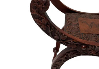 Art Nouveau Walnut Savonarola Hand-Carved Stool, 1900s